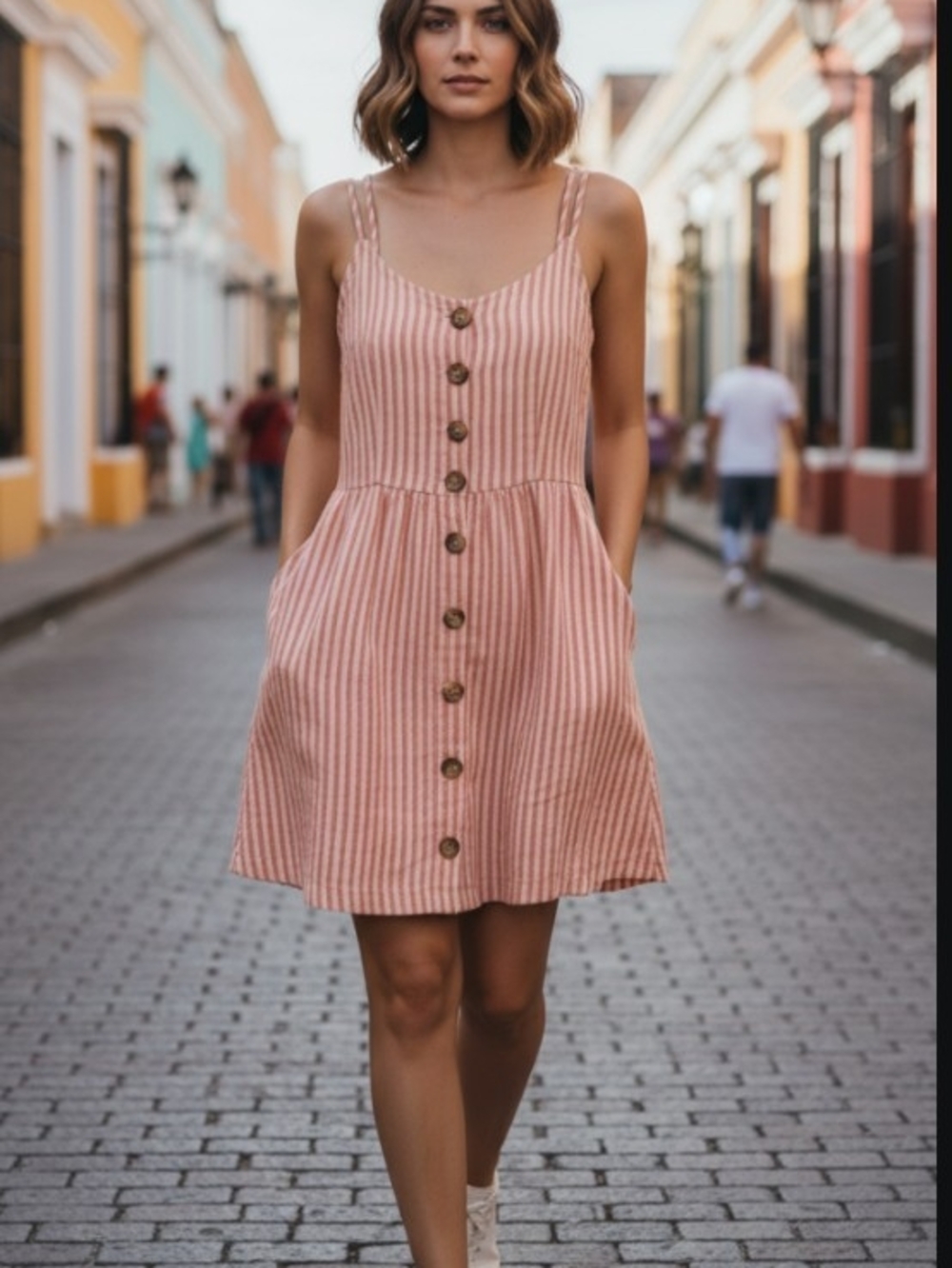 Ocean Drive Cream and Pink Striped Button-Front Sundress SZ M